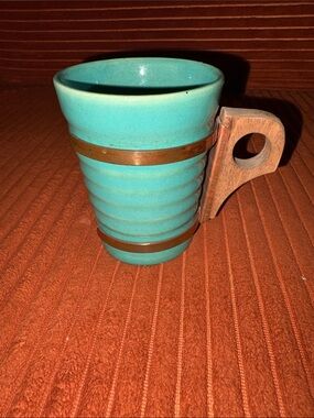 Vintage BAUER Pottery Ringware 6 oz tumbler w/ wood & copper